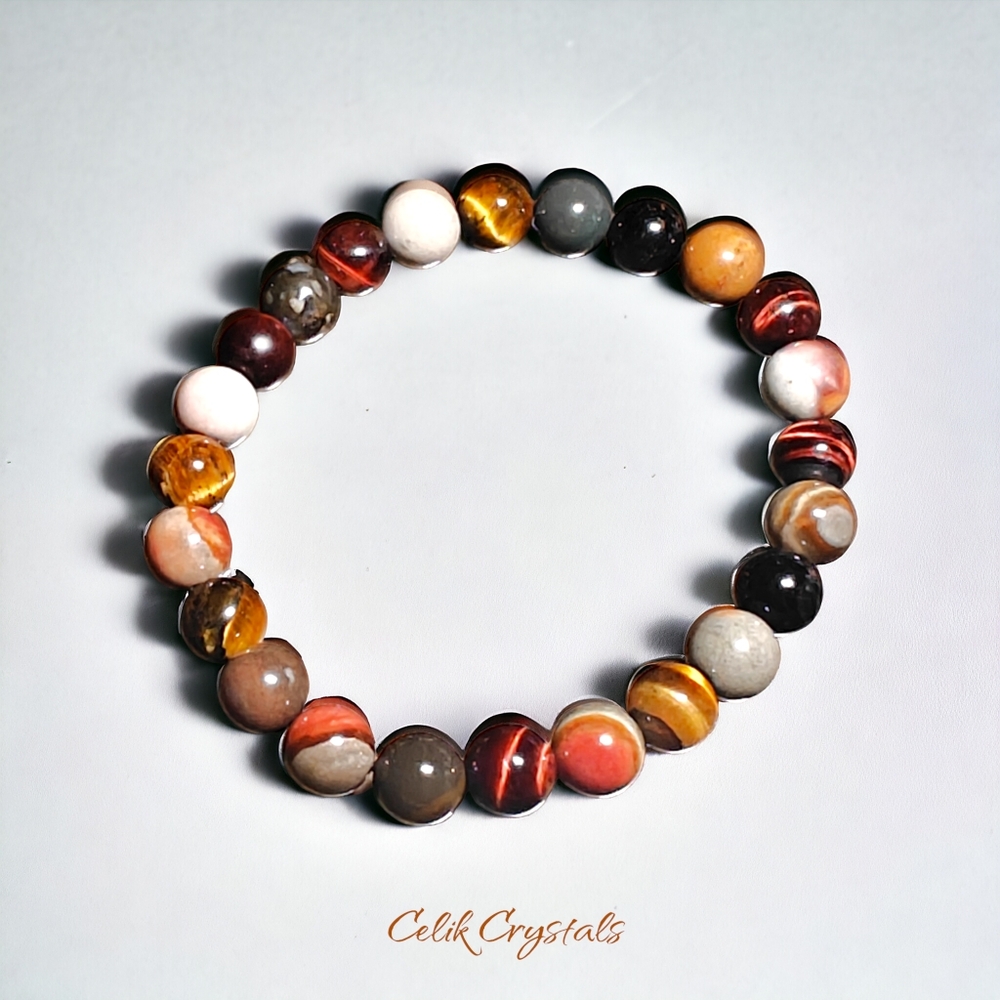 Tri Color Tiger Eye & Jasper Bracelet 8mm Natural Stones Stretches Unisex